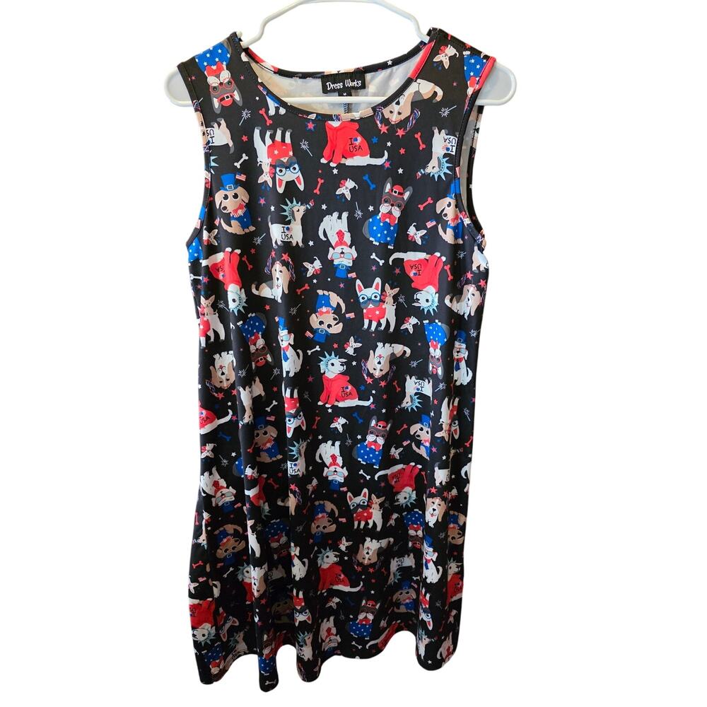 Dress Works Patriotic Puppy Dress M Womens Mini Multicolor‎ 4th Of July Pullover